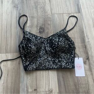 Crystal Sky Black Sequin Crop Top with Lace Up Back